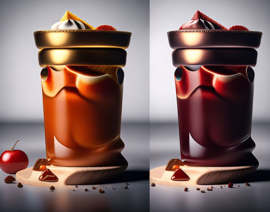 Stylized digital renderings of dessert cups with creamy contents and fruit toppings on wooden surfaces.