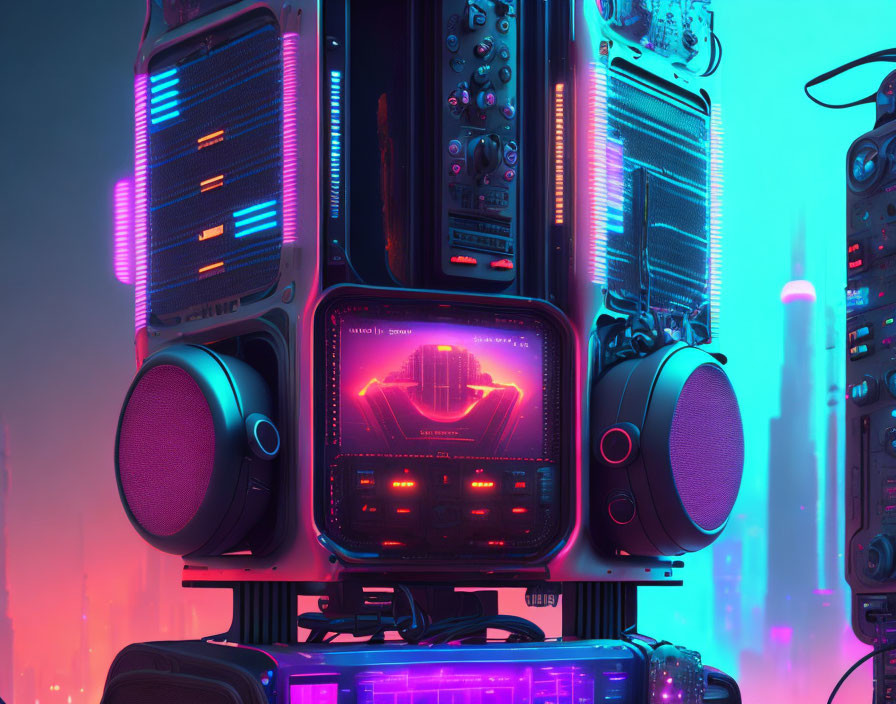 Neon city graphics on screen with retro-futuristic speakers and electronic devices against cyberpunk backdrop