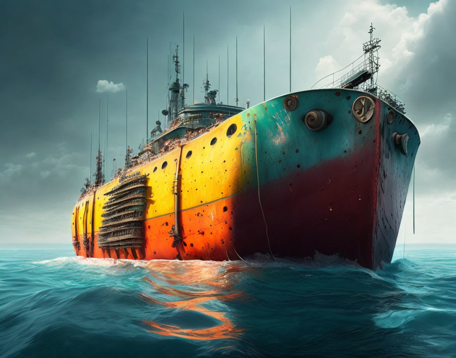 Rusty ship with colorful hull on stormy ocean.