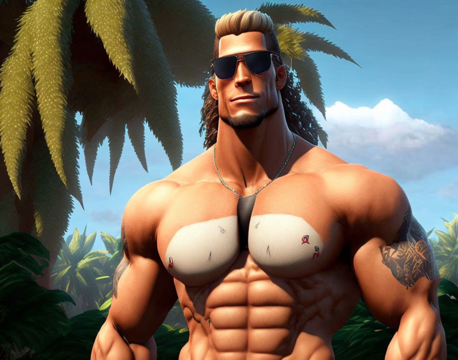 Muscular animated character with sunglasses, necklace, and tattoo in tropical setting