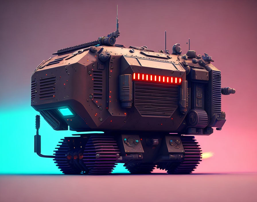 Armored vehicle with caterpillar tracks, red illumination, antennas, rugged panels