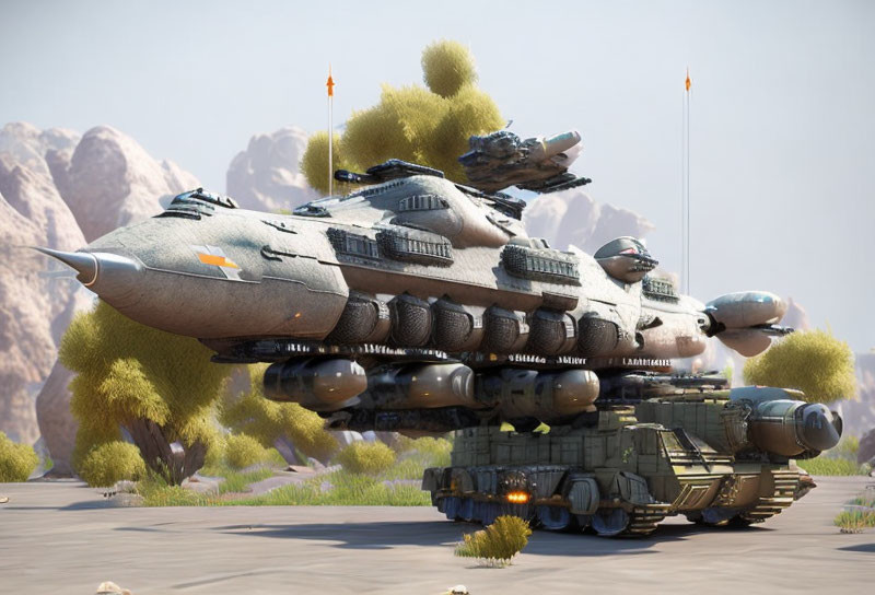 Armored tank with multiple turrets in desert setting