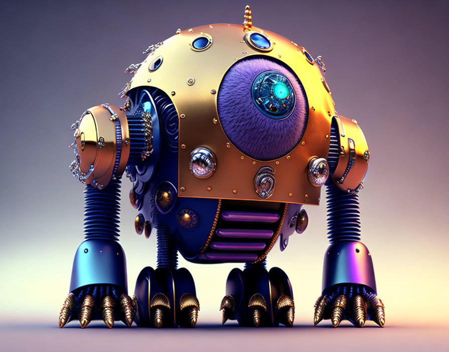 Whimsical robot with large eye, spherical body, and metallic legs on gradient background