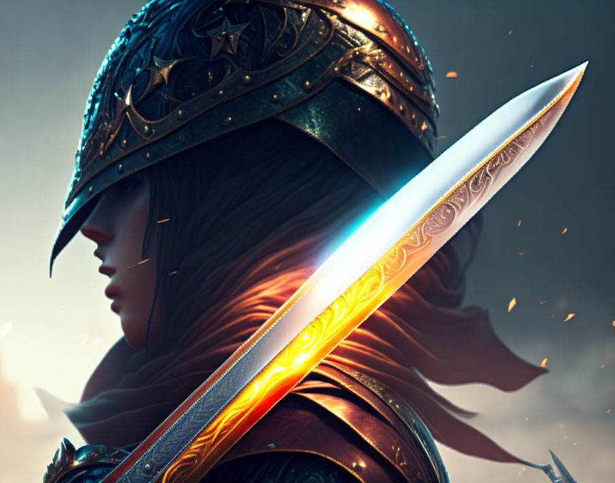 Female warrior with glowing sword and detailed helmet in digital artwork