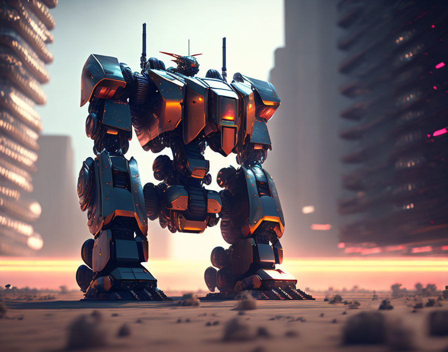 Futuristic robot with articulated joints in urban landscape at dusk