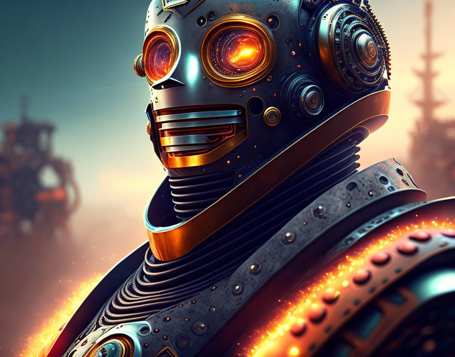 Highly-detailed steampunk robot with glowing orange eyes in industrial setting