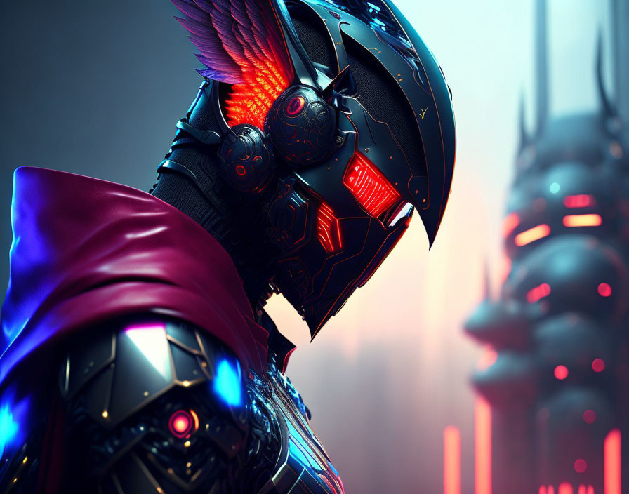 Futuristic knight in black armor with glowing lights amidst towering spires