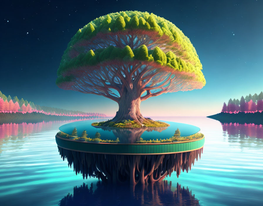 Giant tree on floating island under starry sky