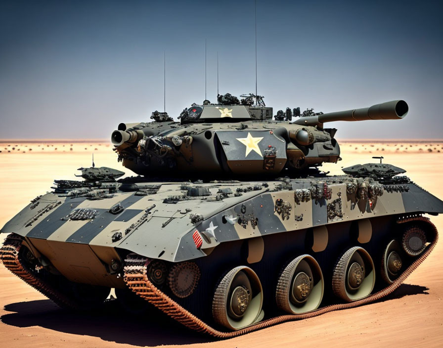 Camouflaged Main Battle Tank with Large Caliber Gun in Desert