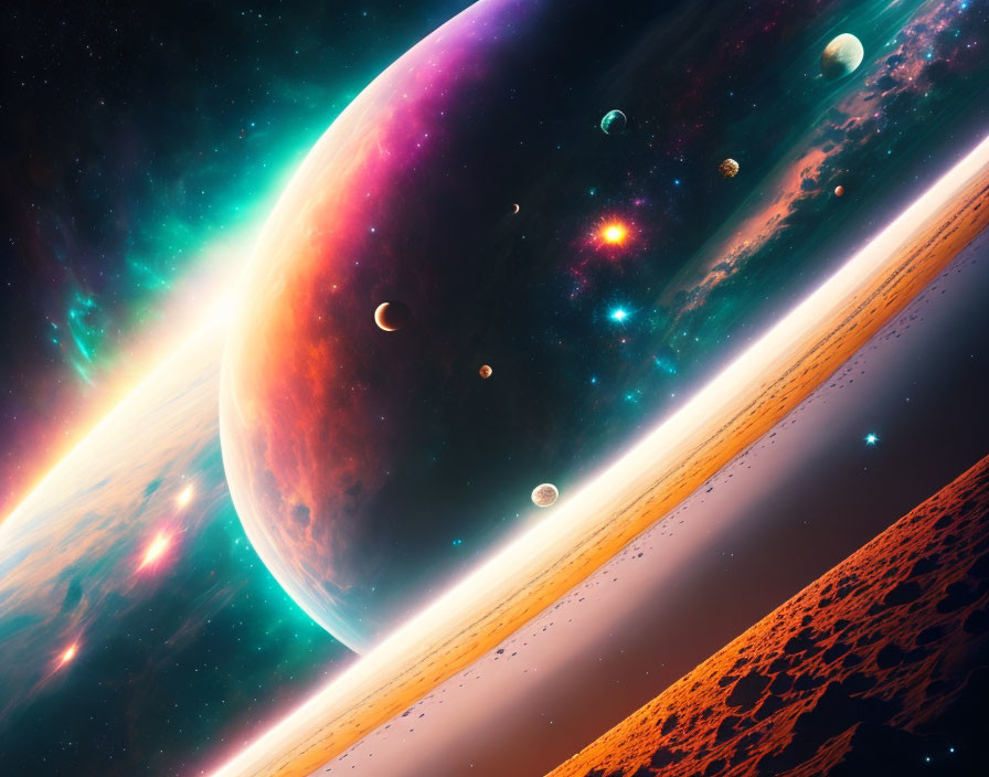 Colorful Space Scene with Planet, Rings, Moons, Nebula, and Stars