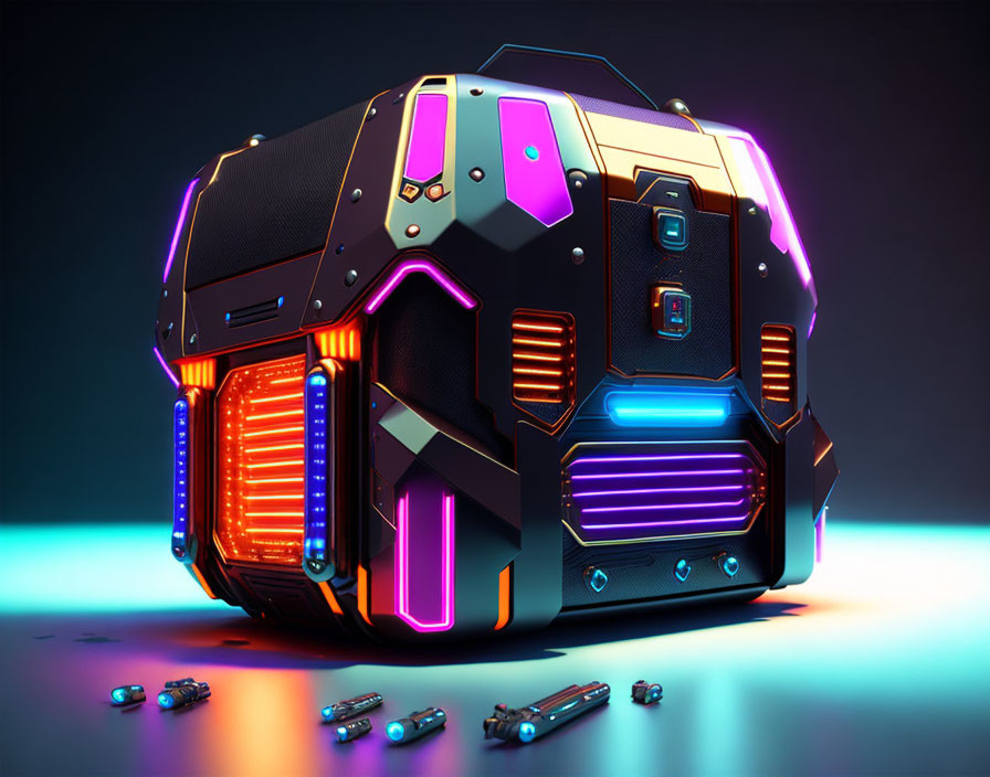 Futuristic armored container with neon lights on dark background