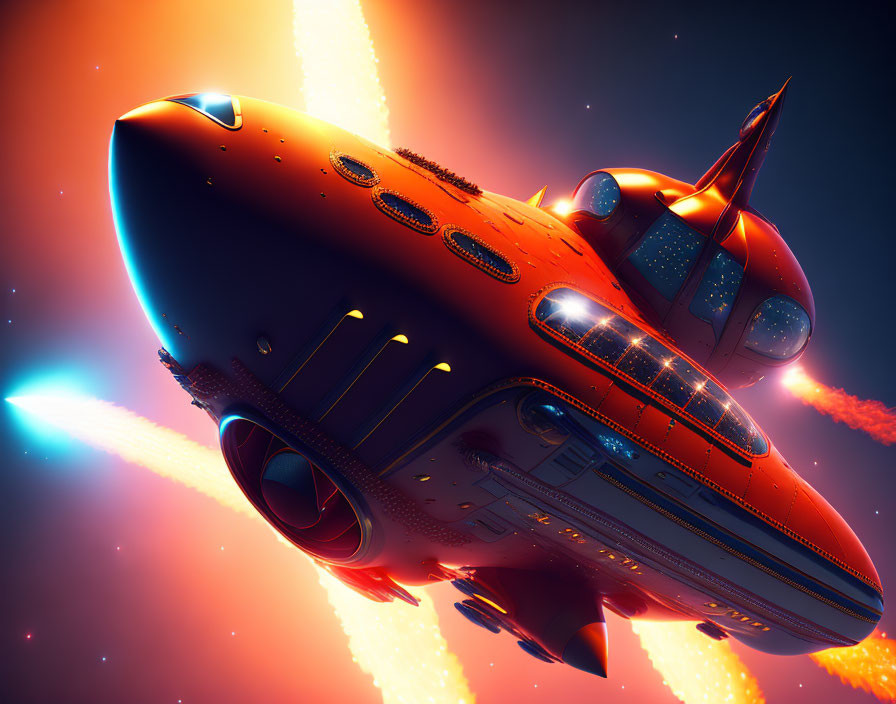 Stylized retro-futuristic rocketship in vibrant cosmic scene