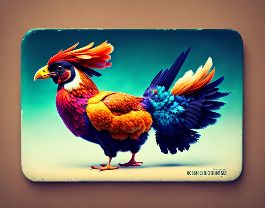 Colorful hybrid creature: chicken body, bird head & tail feathers on teal background