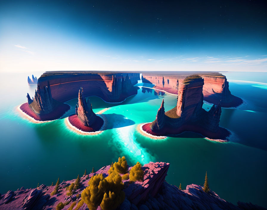 Digital landscape: Red cliffs, turquoise sea, starry night sky