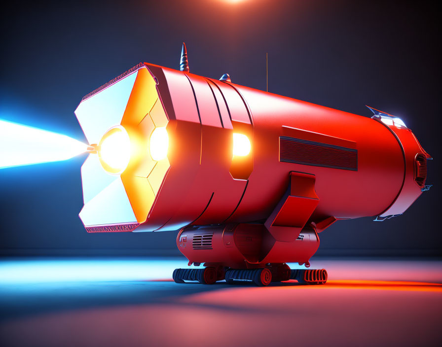 Futuristic red rocket with blue thrusters in 3D illustration