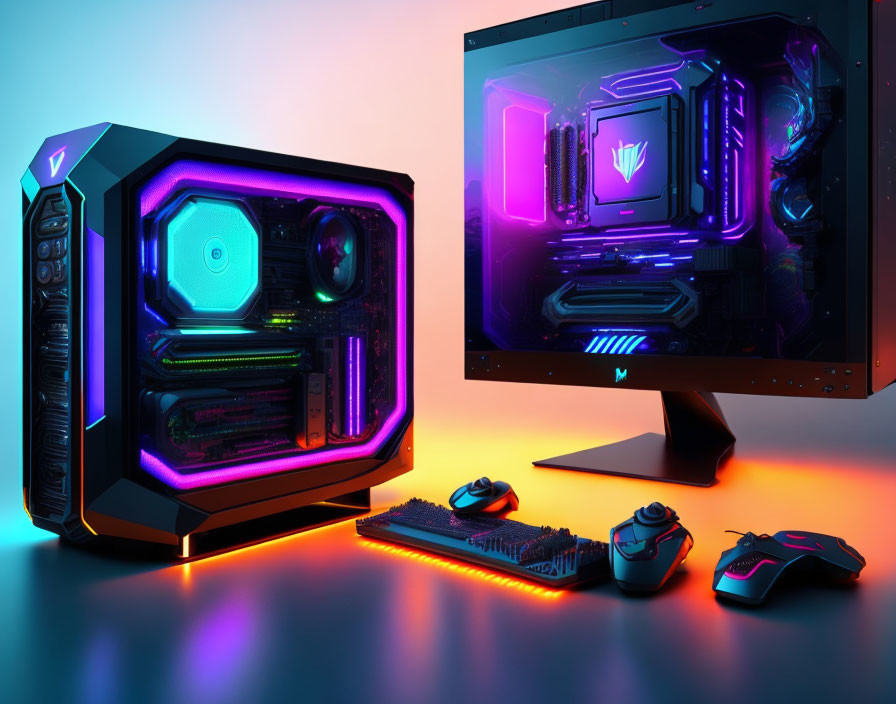 Neon-lit gaming setup with RGB peripherals and widescreen monitor in vibrant purples and blues