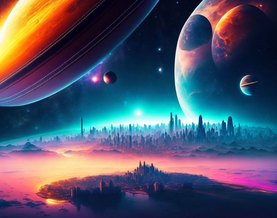 Futuristic sci-fi cityscape with towering spires and cosmic sky.