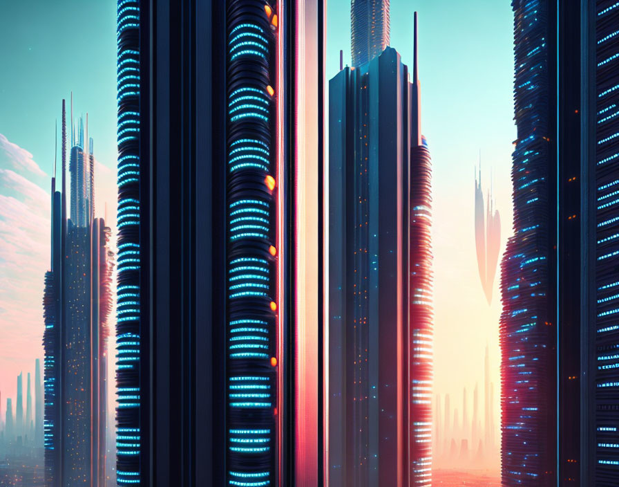 Neon-lit skyscrapers in futuristic cityscape at sunset