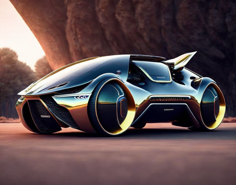 Futuristic black and gold car with large wheels on road