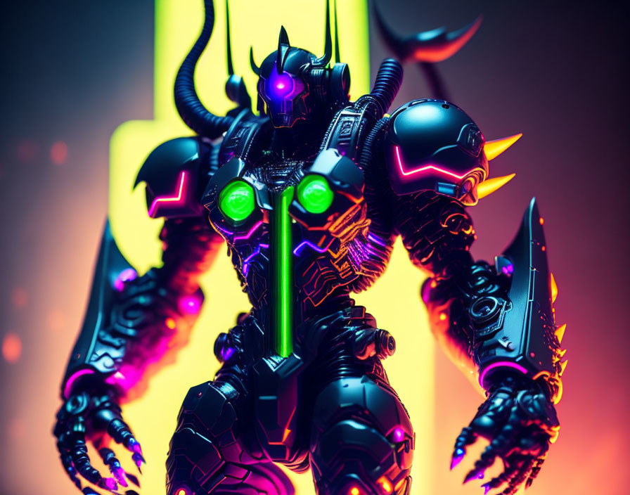 Colorful illustration of menacing robot with glowing neon accents.