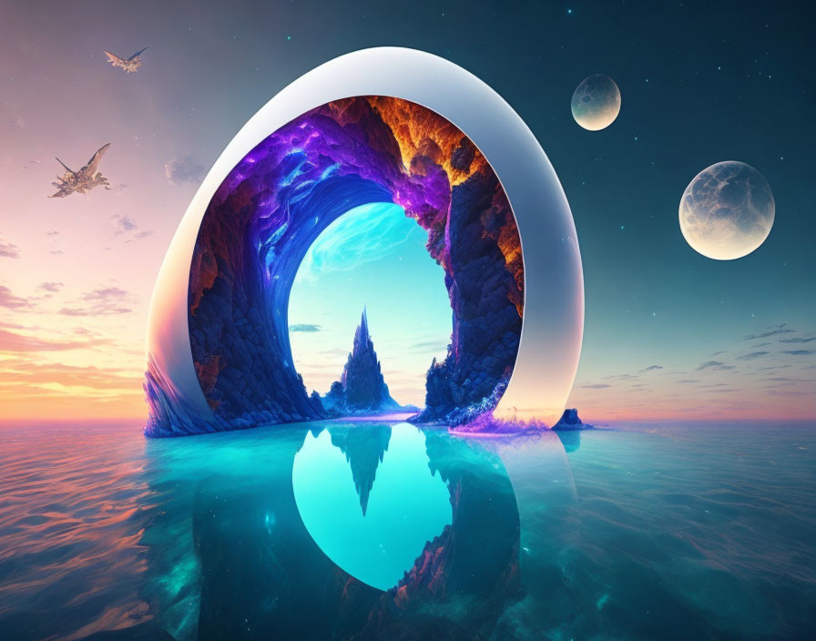 Fantastical landscape with glowing archway, multiple moons, bird, sunset