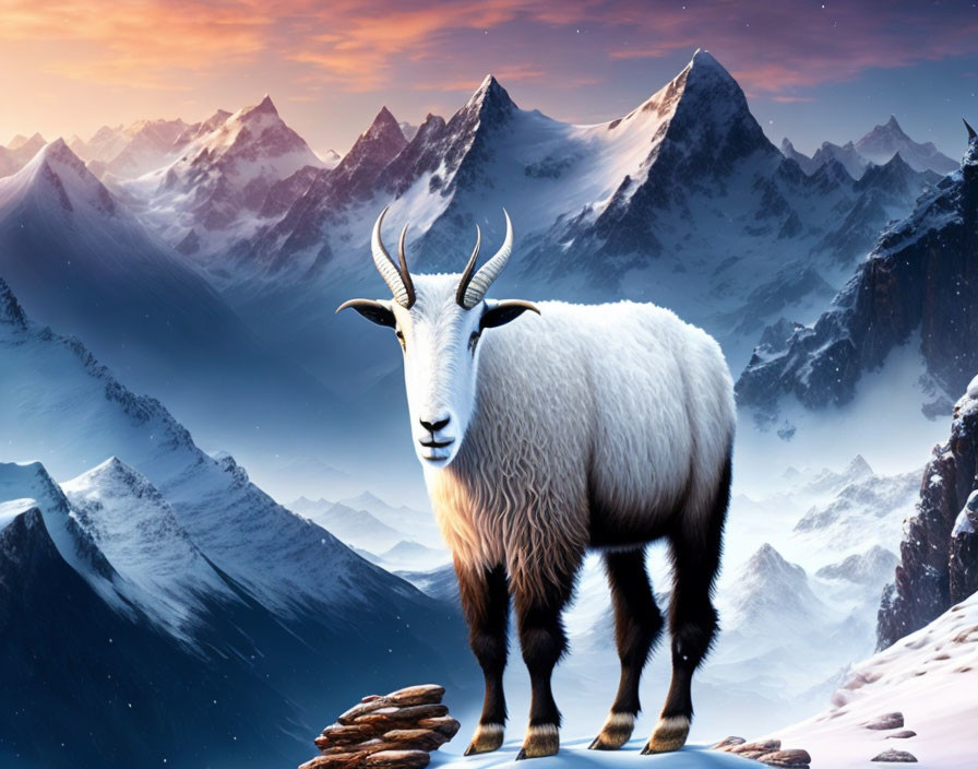 Majestic mountain goat on rocky terrain with snow-covered peaks at twilight