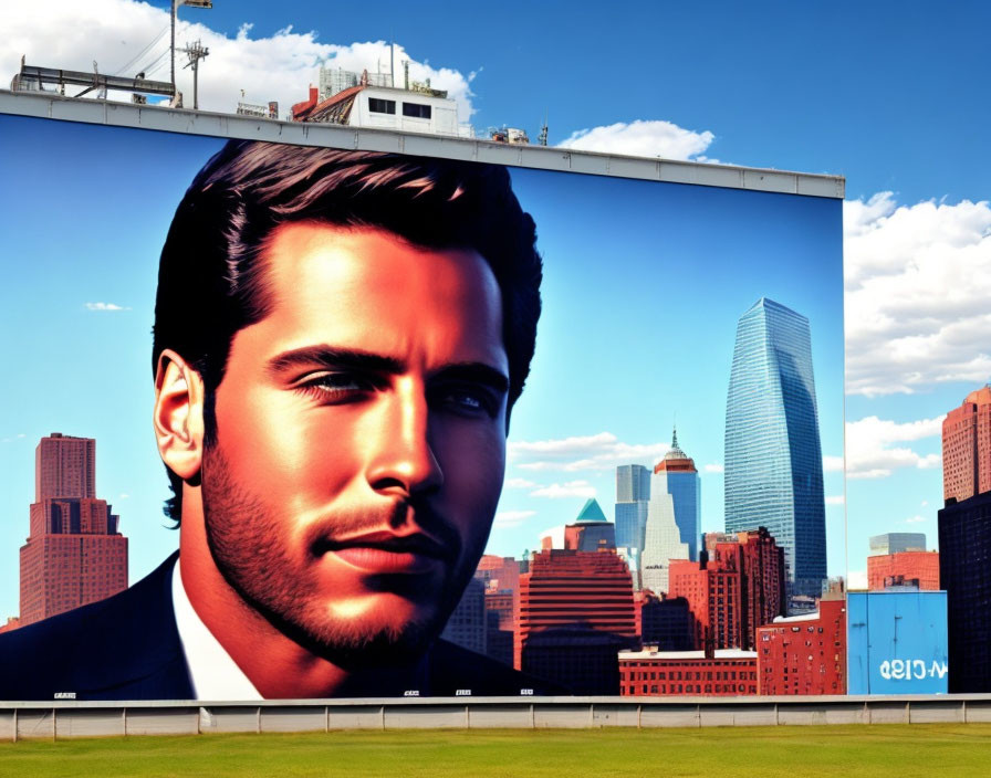 Close-up Man's Groomed Facial Hair on City Skyline Billboard