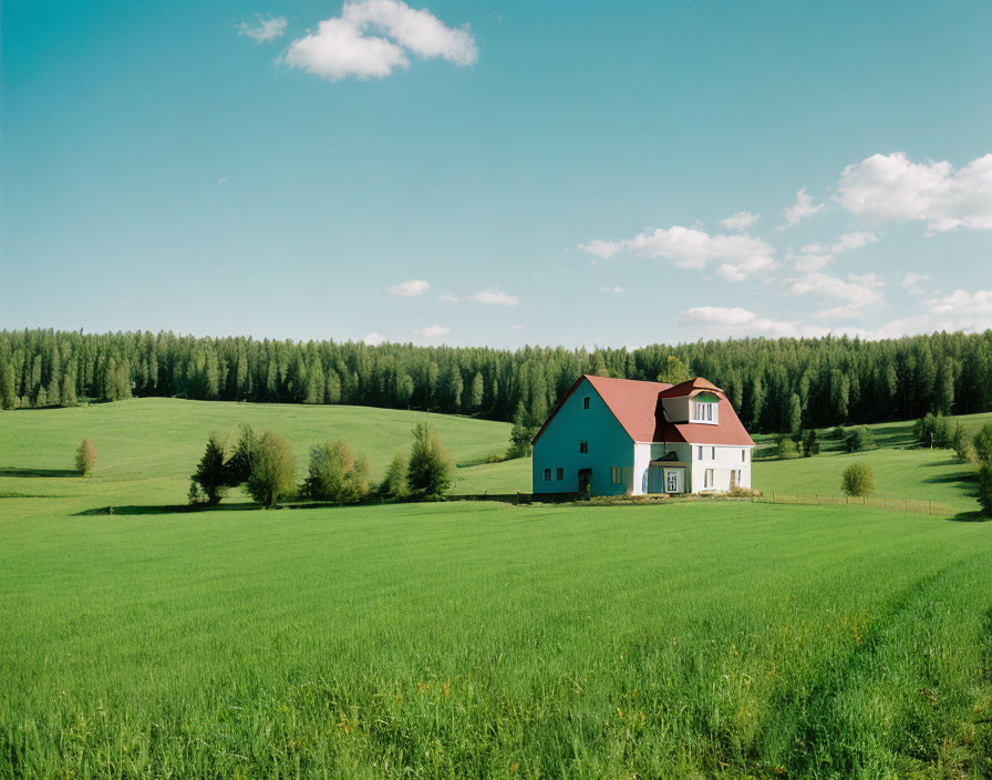 Blue house with red roof in green field surrounded by forest under clear sky