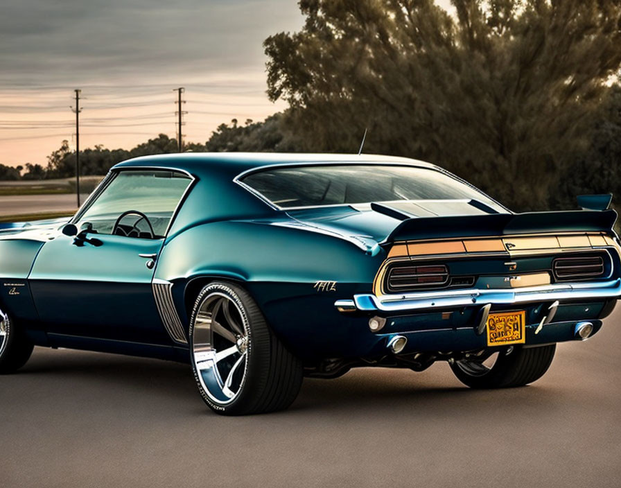 Glossy Blue Muscle Car with Black Racing Stripes