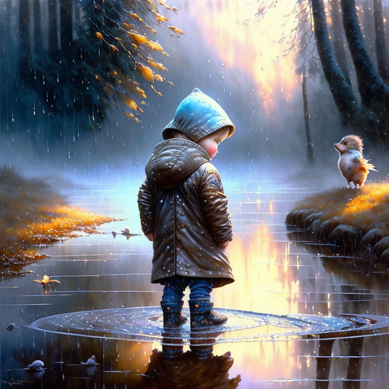 Child in Hooded Jacket Observing Bird in Mystical Forest