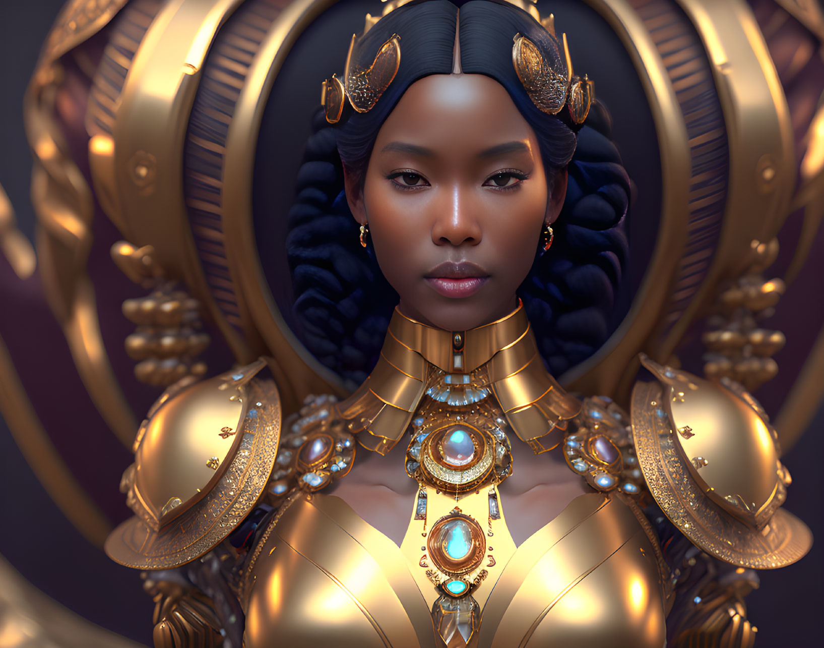 Digital artwork: Woman in golden sci-fi armor with gem embellishments