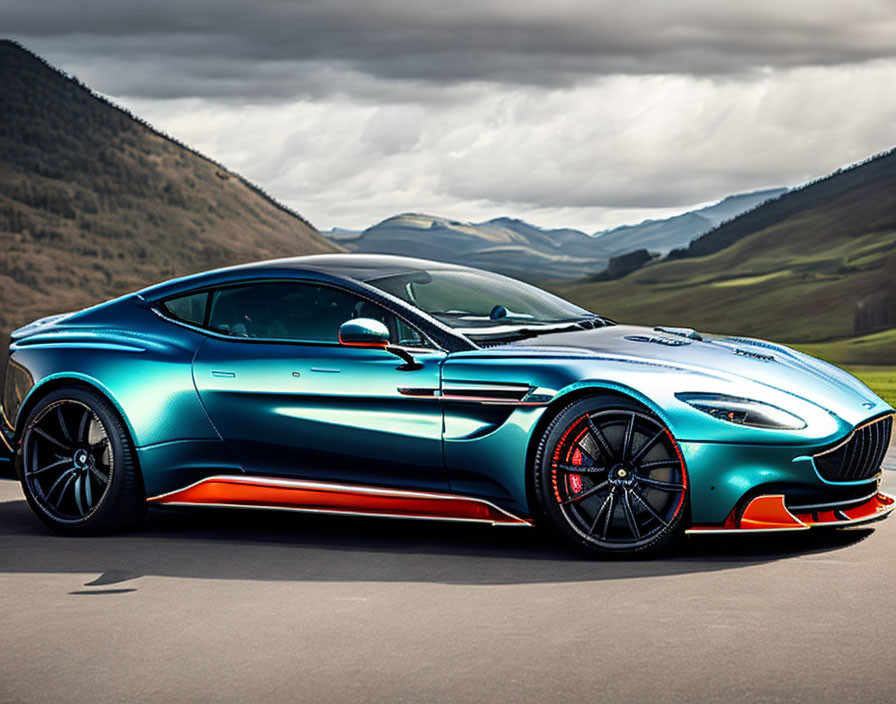 Blue and Orange Gradient Paint Job on Sleek Sports Car Parked on Open Road