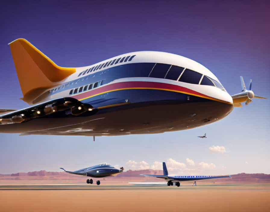 Futuristic oversized airplanes on a desert runway