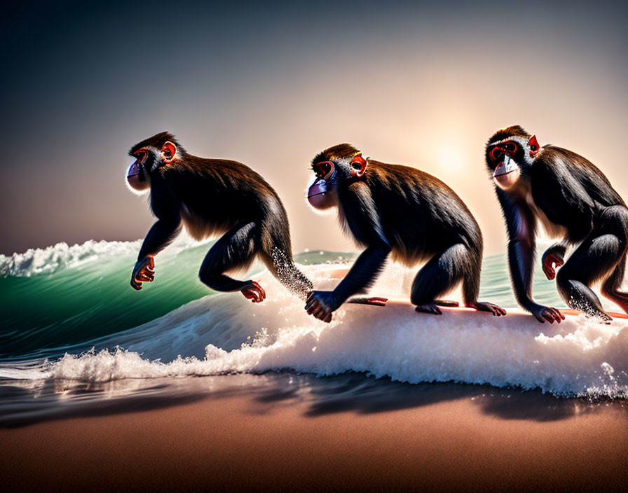 Mandrills Surfing on Wave Under Dramatic Sky