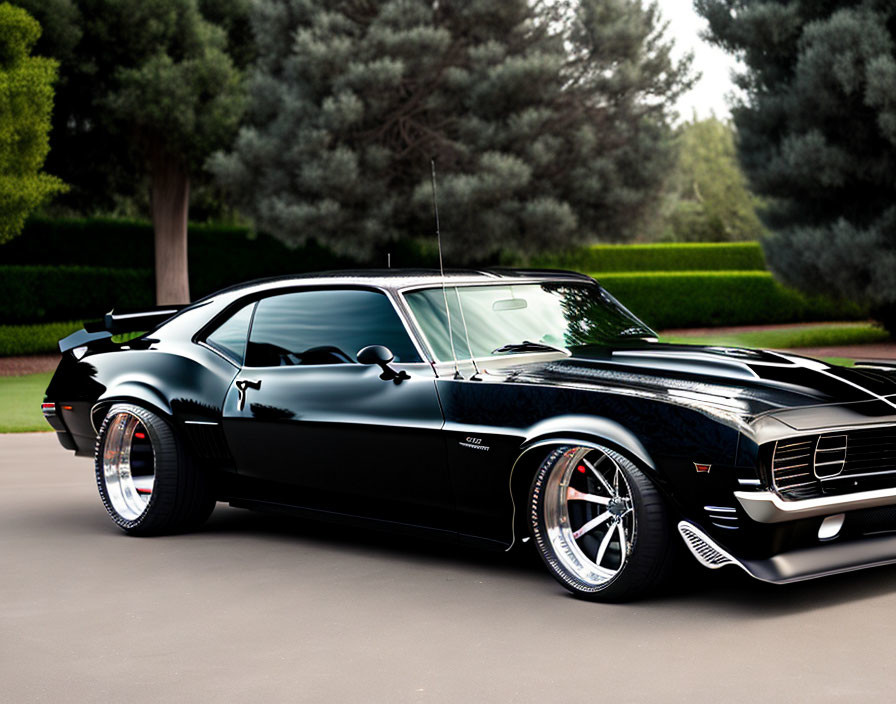 Vintage Black Muscle Car with White Stripes Parked Outdoors