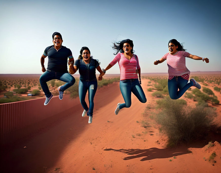 Group of people leaping over sandy hill in desert landscape