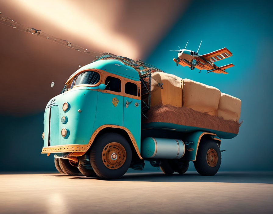 Vintage Turquoise Truck Carrying Oversized Load with Small Orange Plane on Gradient Background