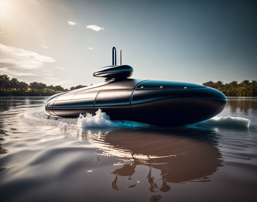 Luxurious futuristic yacht sailing in serene waters with palm trees and clear sky.