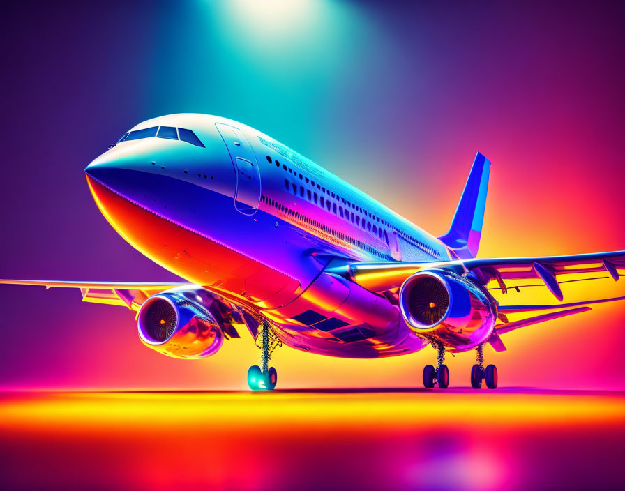 Colorful commercial airplane with illuminated undercarriage on gradient background