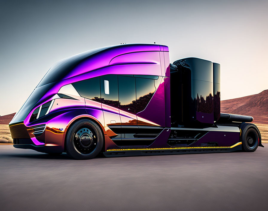 Futuristic purple and black semi-truck on road at sunset