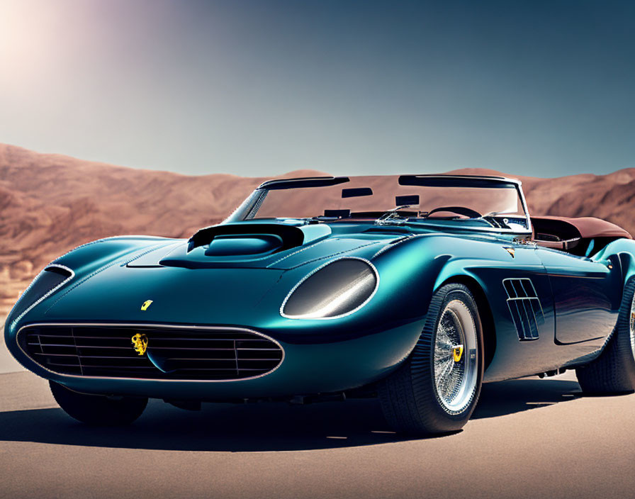 Vintage Blue Sports Car with Ferrari Emblem in Desert Setting