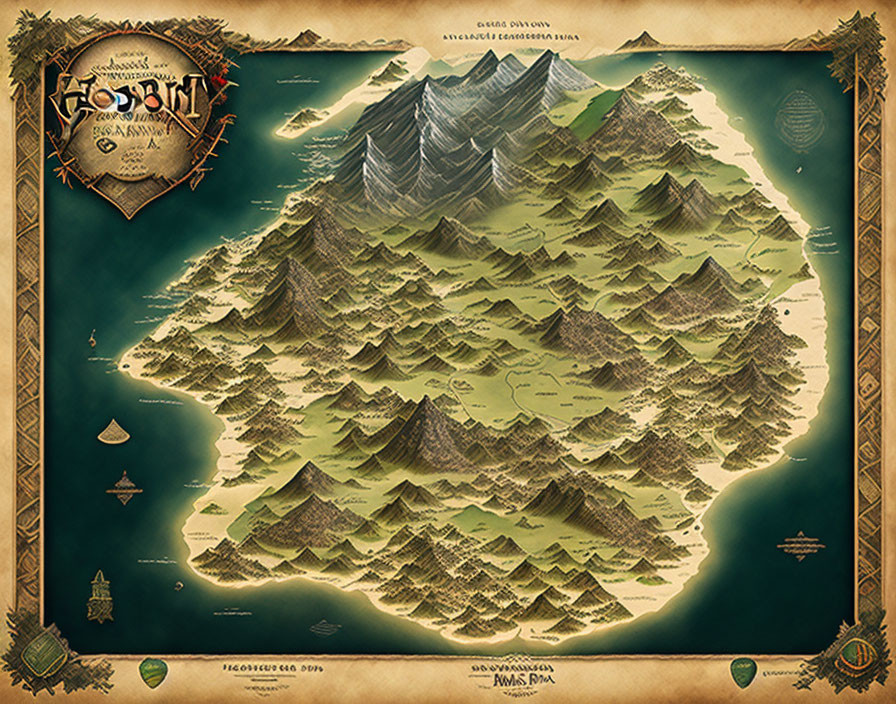 Vintage-style map of fictional 'The Hobbit' landscape with mountains, forests, seas, compass,