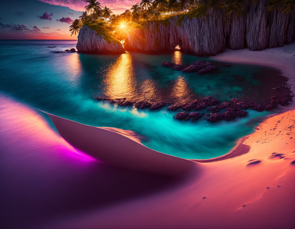 Tropical beach sunset with pink sands and palm trees