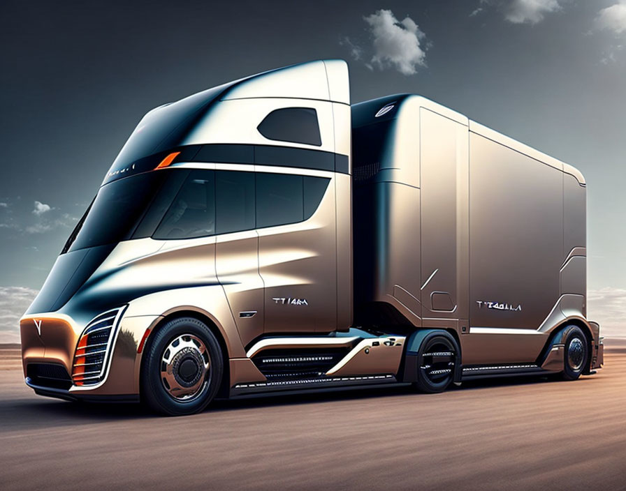 Sleek Bronze Semi Truck in Futuristic Design under Cloudy Sky