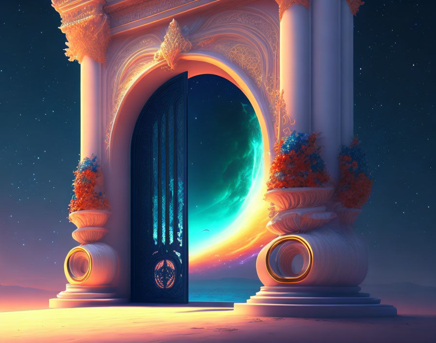 Ornate archway with open door showcasing vibrant sunset or sunrise view