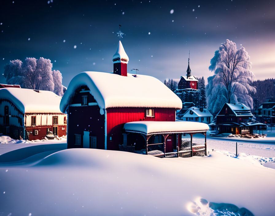 Snow-covered village buildings under twilight sky with illuminated windows