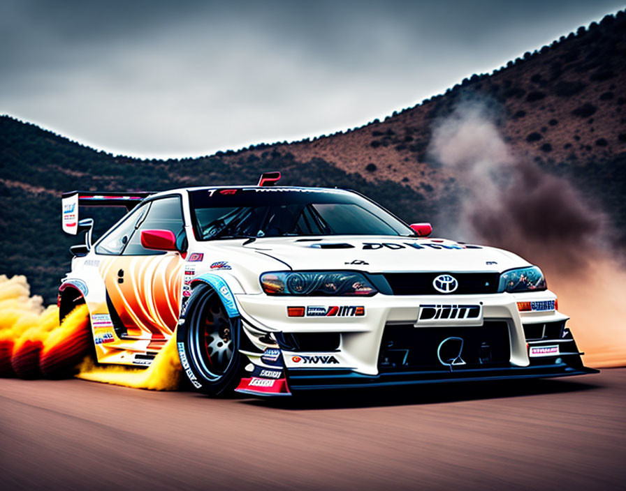 Modified Toyota drift car with white and orange livery emitting yellow smoke on mountain road