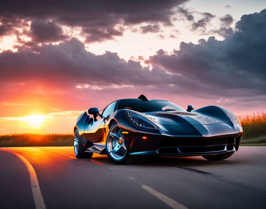 Black Sports Car with Blue and Orange Accents on Deserted Road at Sunset