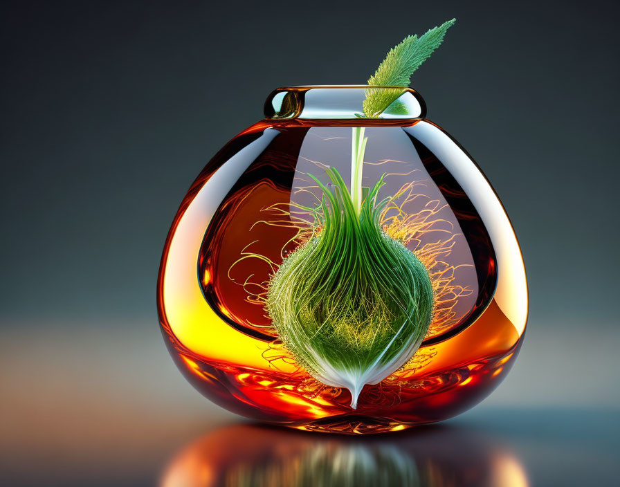 Transparent Amber Vase with Green Sphere and Roots on Reflective Surface