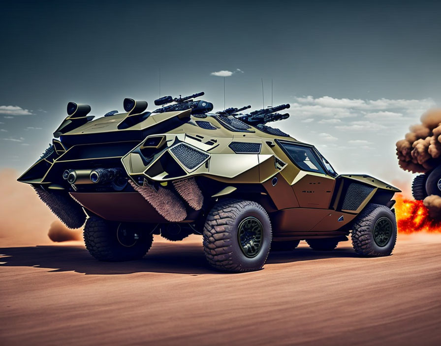 Armored military vehicle with geometric design on dusty terrain under dramatic sky